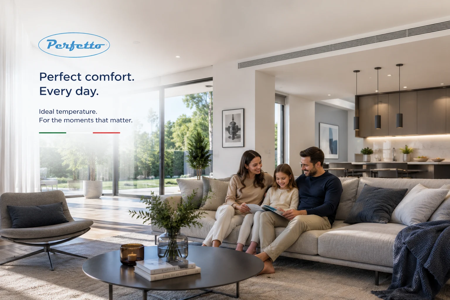 Universul Perfetto: familie într-un living luminos, cu design european